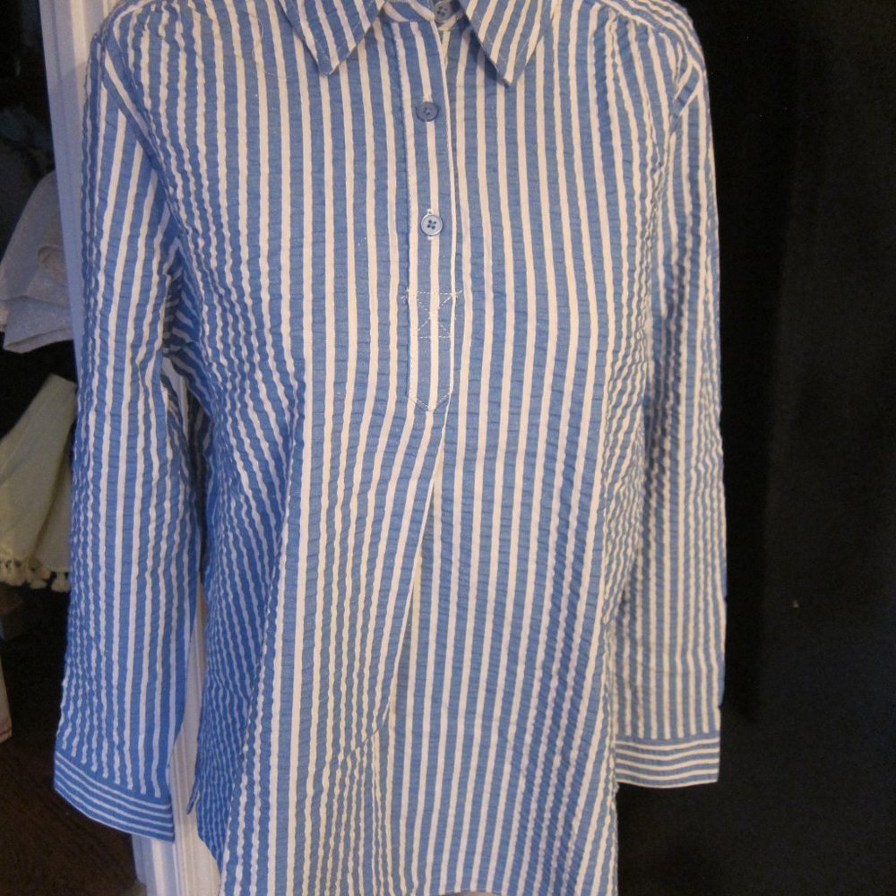 denim & co SUPER CUTE BELL SLEEVE BLUE STRIPED BLOUSE SIZE LARGE